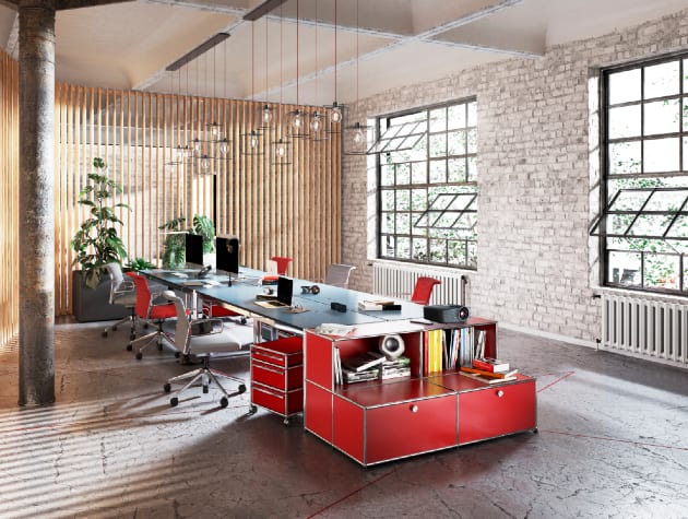 modern office with red furniture