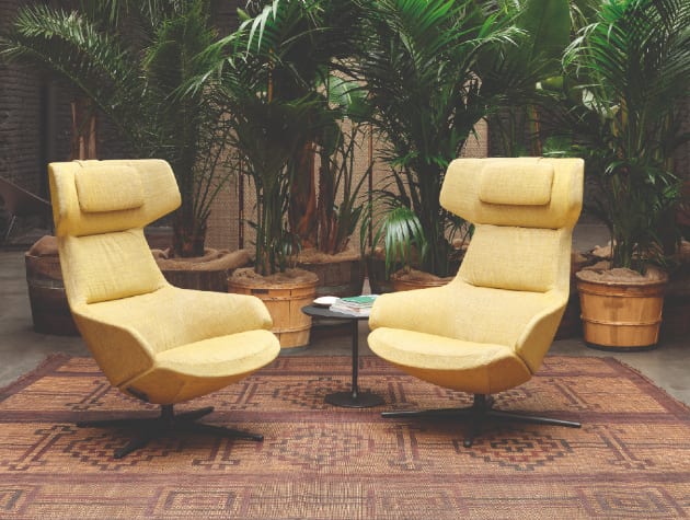 two identical cream chairs in front of indoor plants