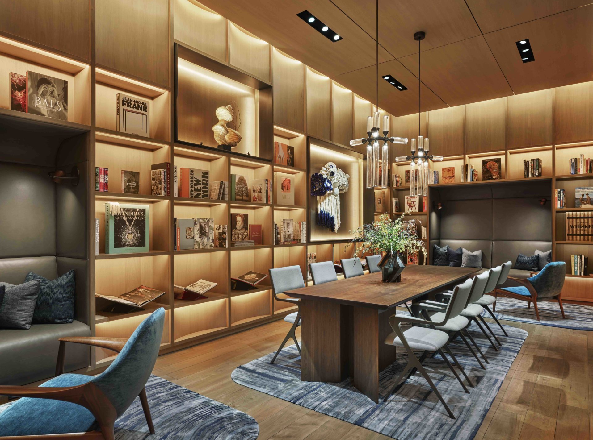 Library with timber table and relaxed seating areas