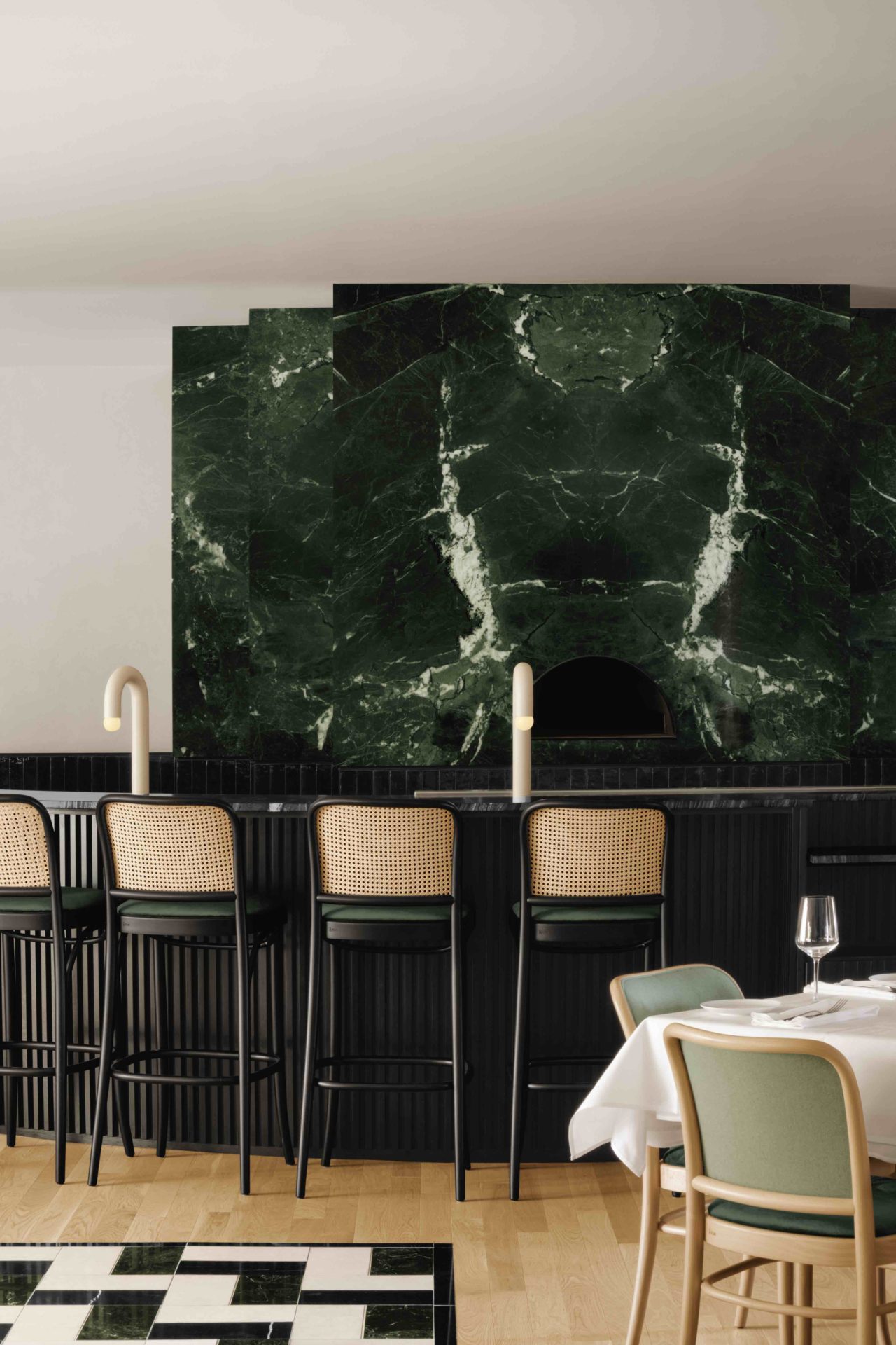 Bar area with green marble wall