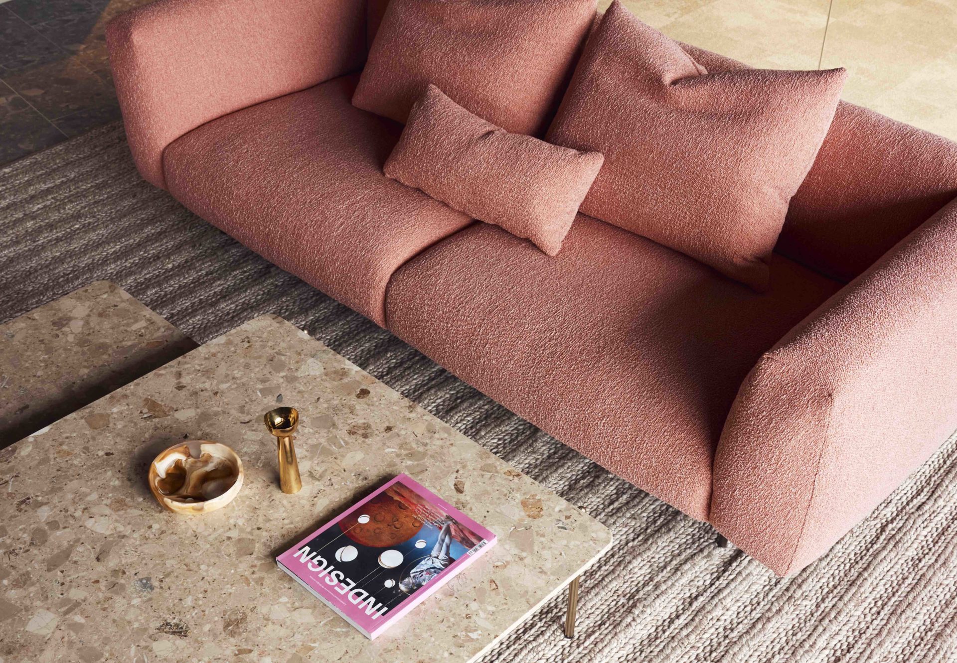 Pink sofa and stone table